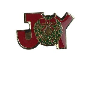 Vintage Christmas JOY Wreath Lapel Hat Pin Brooch Gold Tone Enamel Holiday